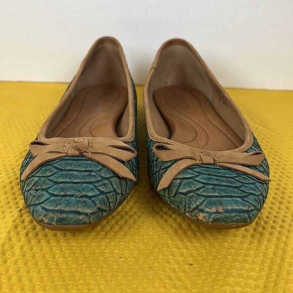 Born Carri Snakeskin Cork Tan Teal Bow Flats 6 - Picture 2 of 9